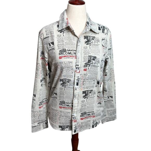 Temptation shirt French newsprint linen blend long sleeve button up blouse Sz M - Picture 1 of 9